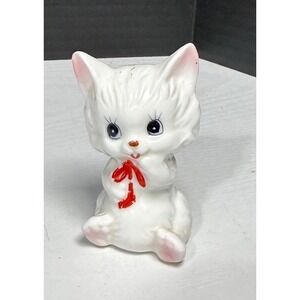 Vintage White Ceramic Kitten Figurine Red Bow Kitten Statue Anthropomorphic